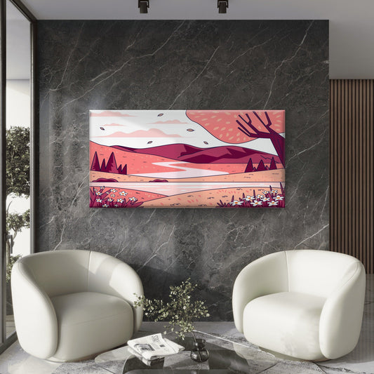 Pink Landscape With Winding Pat Wall Art Canvas Office Home Room Framed 80x45cm