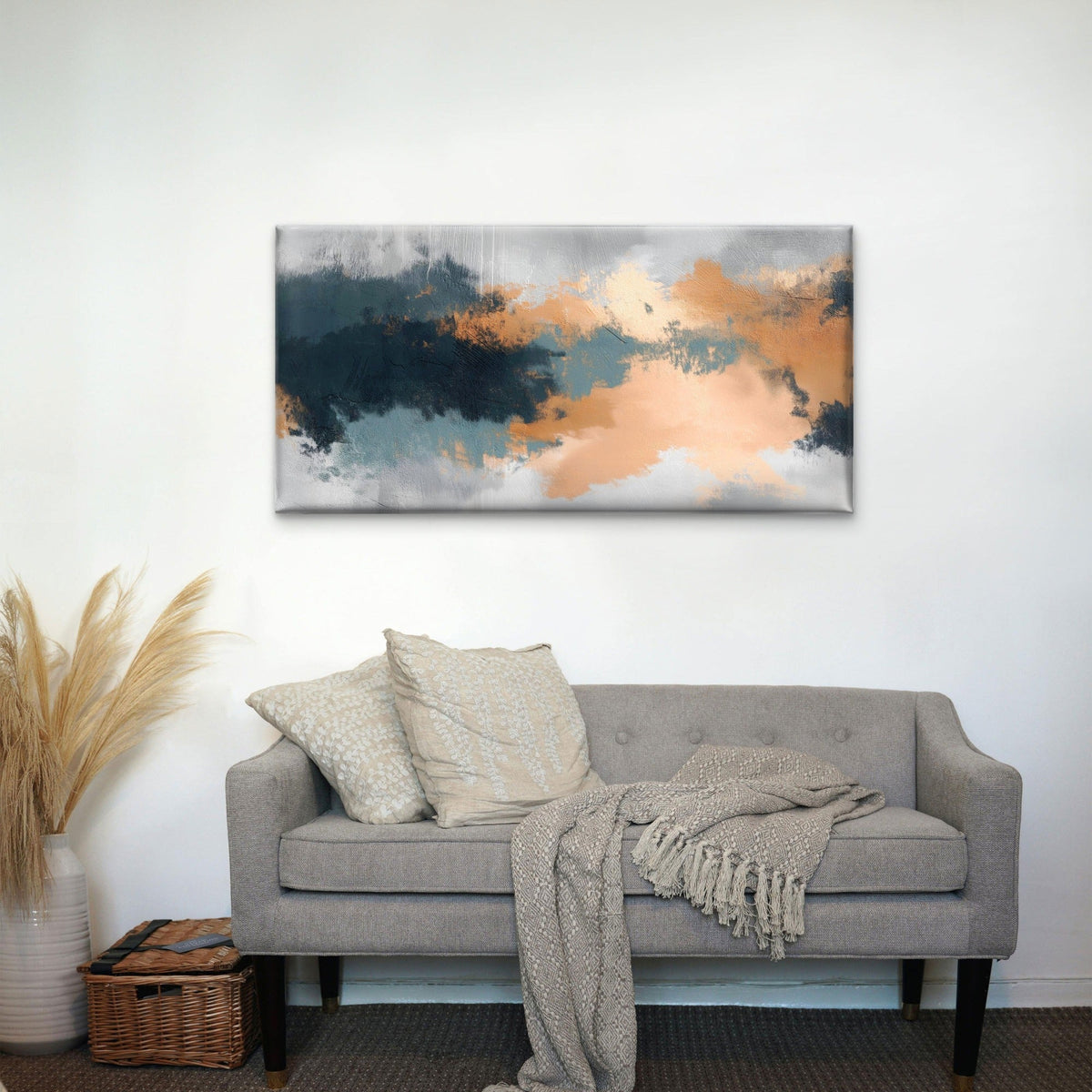 Abstract Navy Orange Brush Stroke Wall Art Canvas Office Home Framed 120x60cm