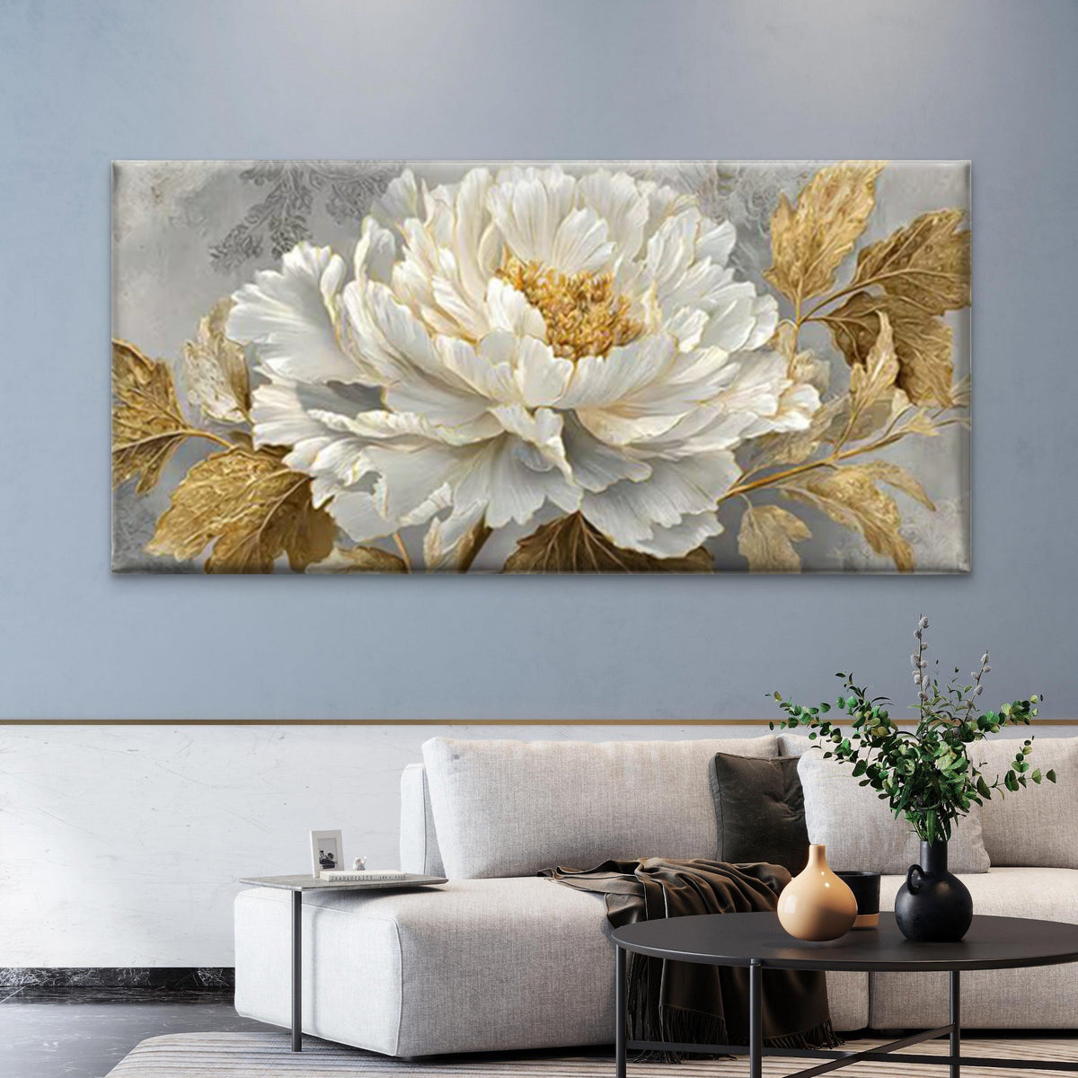 White & Golden Floral Wall Art Canvas Office Home Room Framed 80x45cm