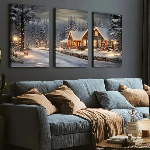 3pcs Modern Forest Igloo Landscape Art Winter Wall Art Set Canvas Framed 60x90cm - High Quality Print 100% Australian Made Wall Canvas Ready to Hang