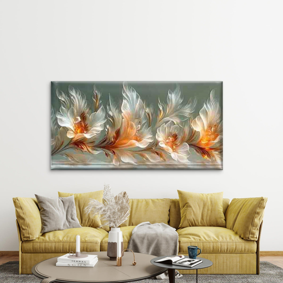 White and Orange Floral Design Wall Art Canvas Office Home Room Framed 80x45cm