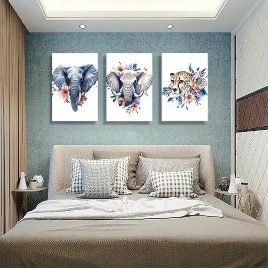 3pcs Featuring Elephant and Cheetah with Floral Accents Metal Print Ready to Hang Art