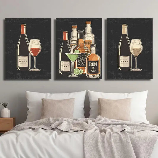 3pcs Wine Bottles, Glasses, and Cocktails Classic Design Metal Print Ready to Hang Art