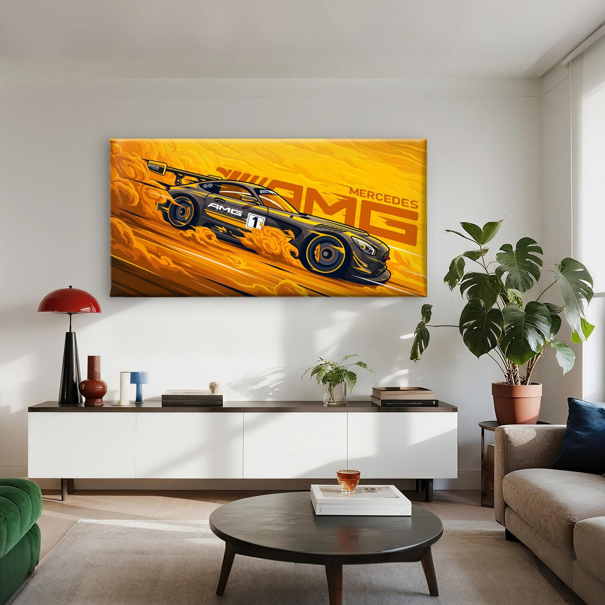 Yellow Cornering Hypercar Wall Art Canvas Office Home Room Framed 120x60cm