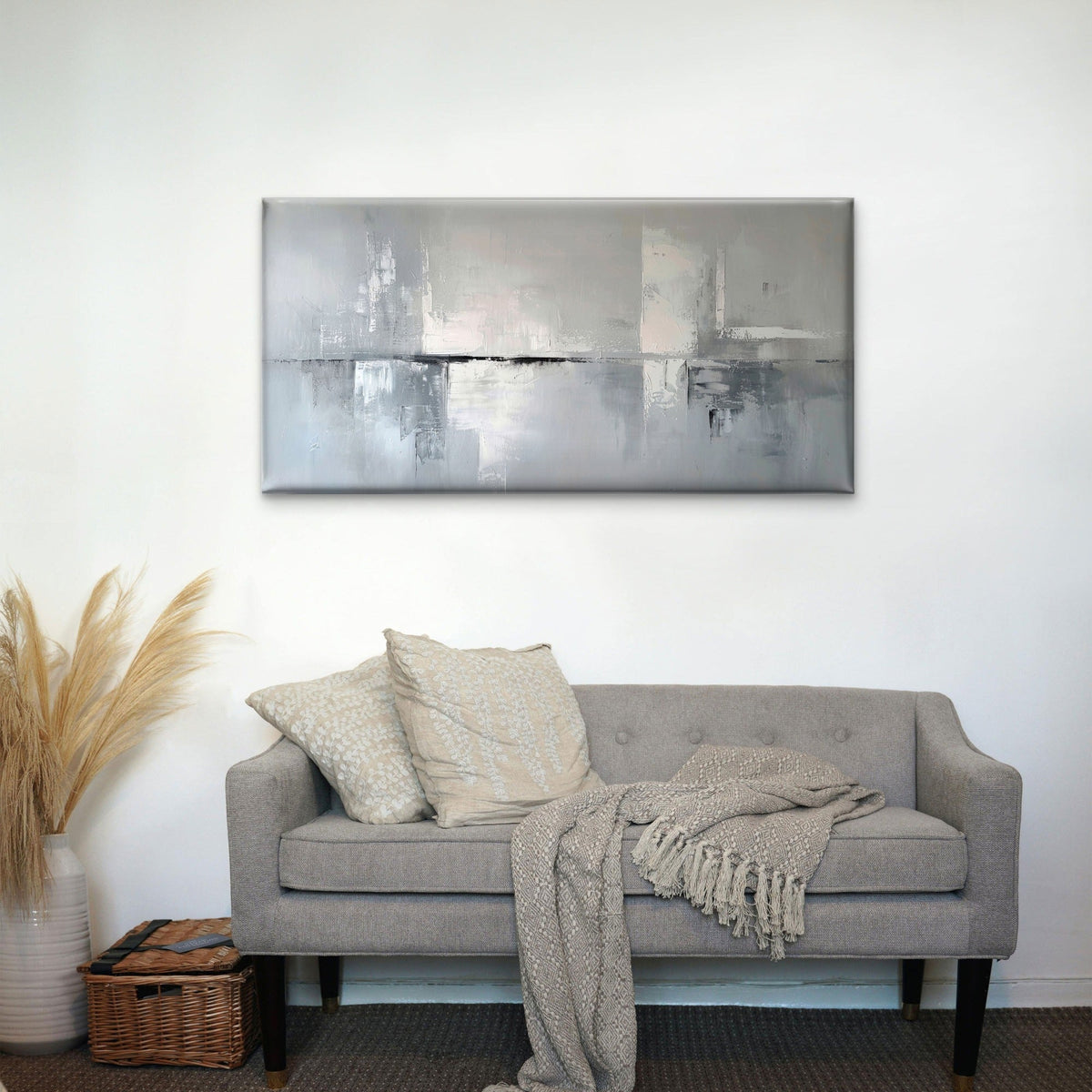 Grey Neutral Palette Knife Painting Wall Art Canvas Office Home Framed 80x45cm