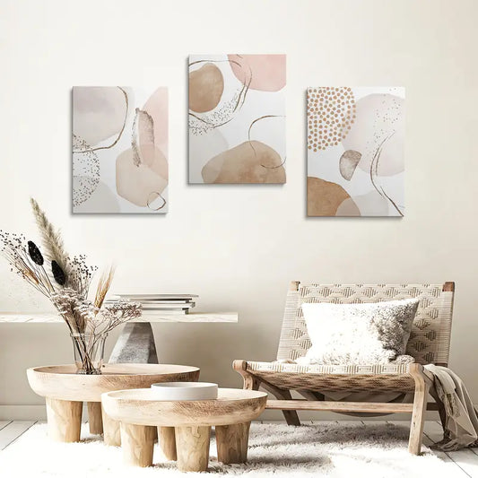 3pcs Beige & Pink Geometric Leaf Patterns, Minimalist Metal Print Ready to Hang Art