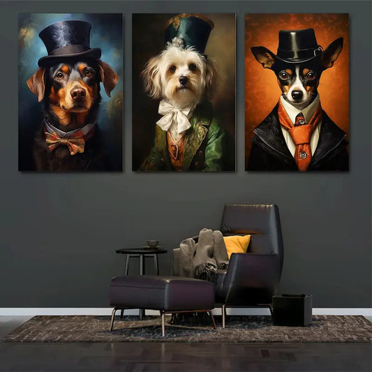 3pcs Elegant Suit & Top Hat Dog Classic Design Metal Print Ready to Hang Art