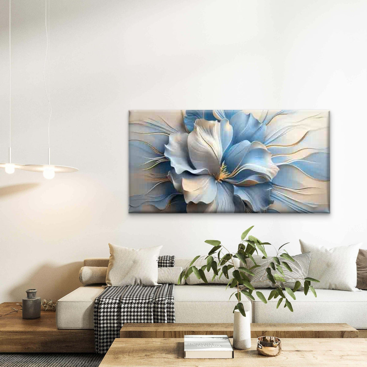 Blue And White Floral Design Wall Art Canvas Office Home Room Framed 120x60cm
