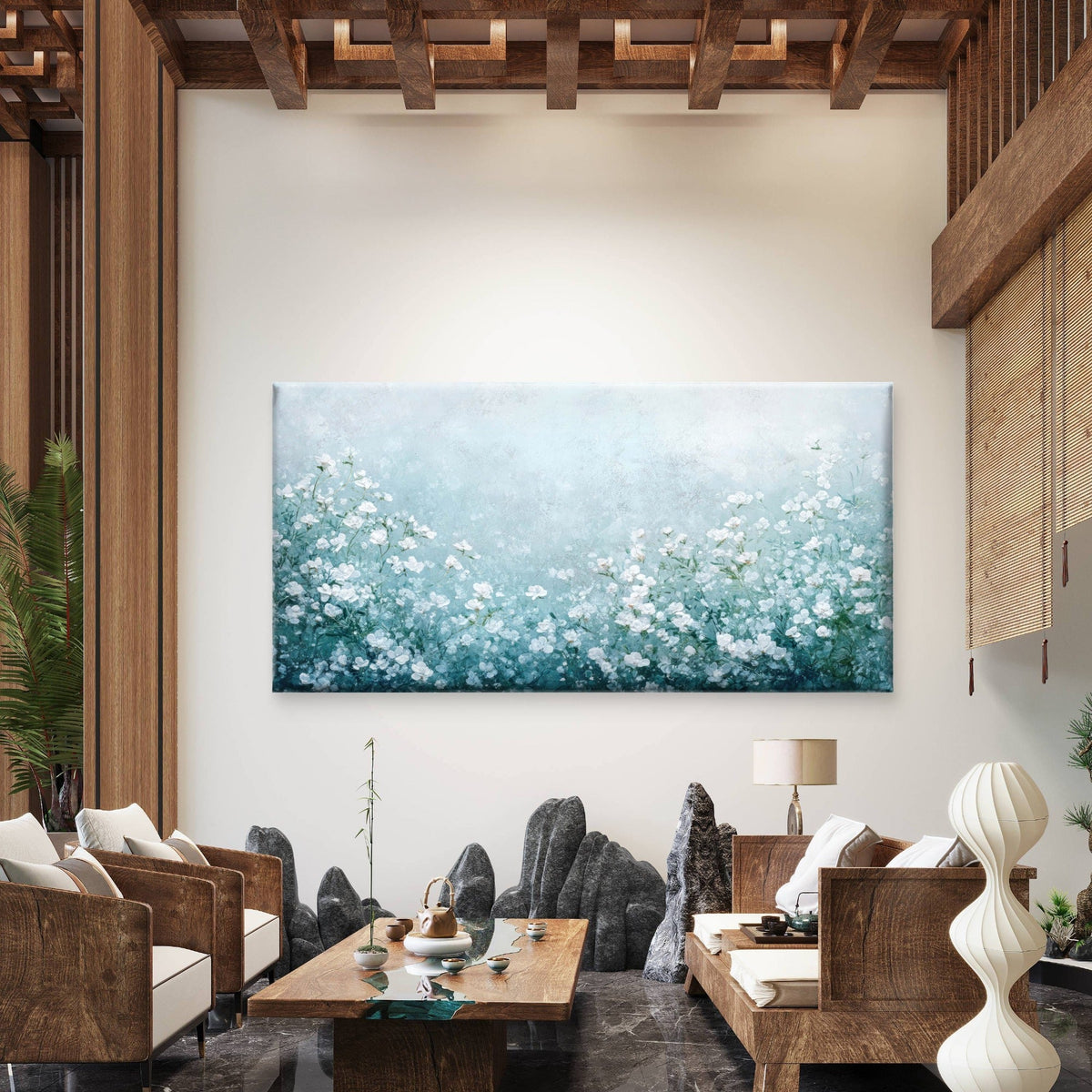 White Blooms Blue Mist Wall Art Canvas Office Home Room Framed 80x45cm