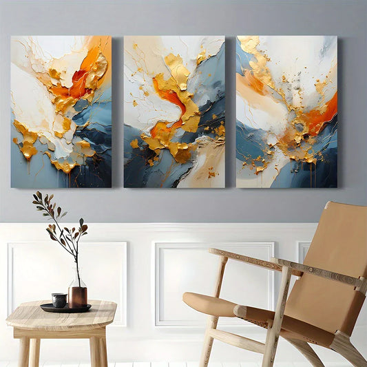 3pcs Golden and Orange Swirls, Elegant Fluid Design Metal Print Ready to Hang Art