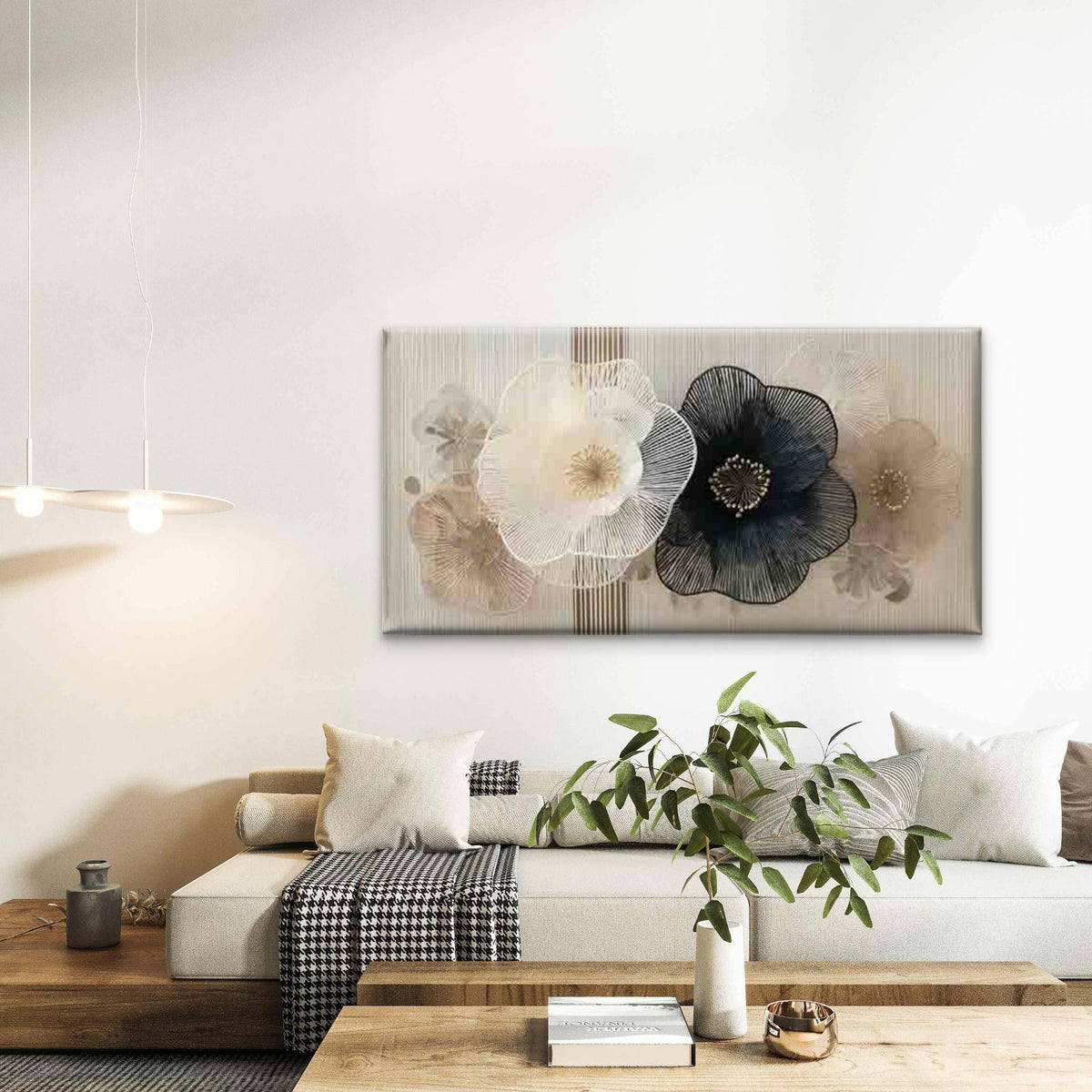 Black & White Floral Designs Wall Art Canvas Office Home Room Framed 80x45cm