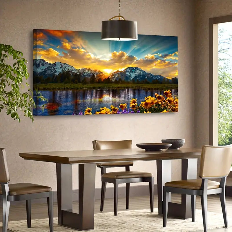 Sunset Mountain Sunflowers Lake Scenery Wall Art canvas office home room framed 120x60cm
