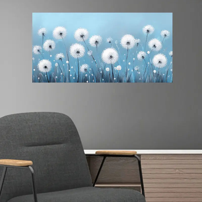 Contemporary Blue & White Botanical Dandelion Wall Art wall canvas office home room framed 120x60cm