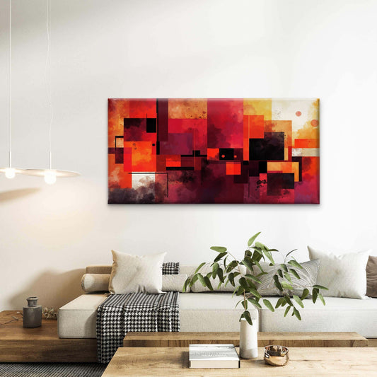 Red Orange Geometric Abstract Wall Art Canvas Office Home Room Framed 80x45cm