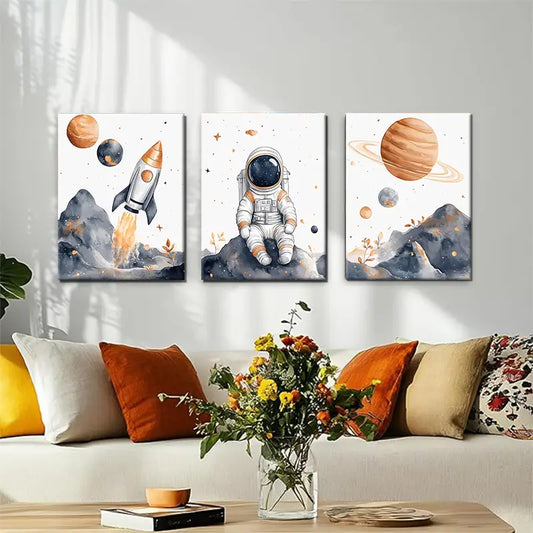 3pcs Astronaut Space with Rocket & Planets Metal Print Ready to Hang Art