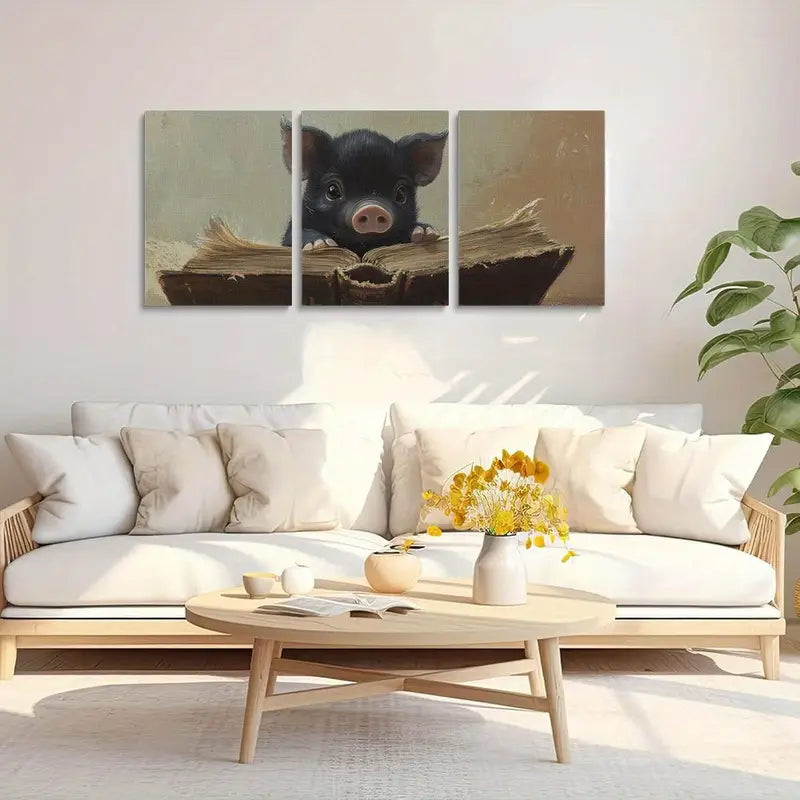 3pcs Cute animal black pig reading an old book Metal Print Ready to Hang Art