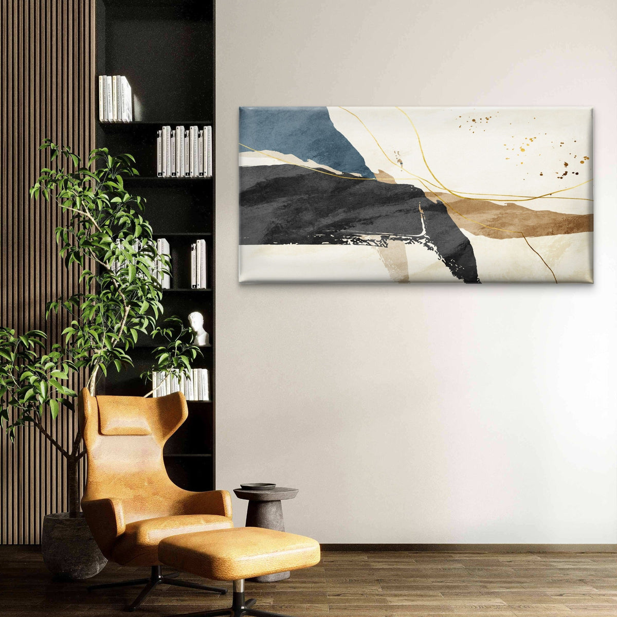 Abstract Dark Charcoal Beige Fluid Wall Art Canvas Office Home Framed 80x45cm