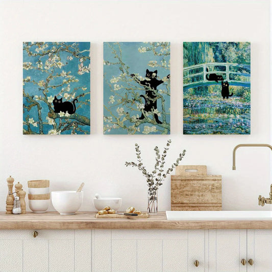 3pcs Classic Modern Cat Animal Design Blue White Metal Print Ready to Hang Art