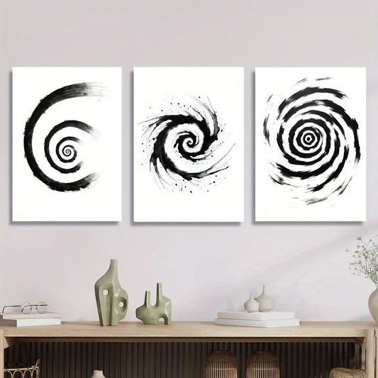 3pcs Abstract Black and White Spiral Classic Design Metal Print Ready to Hang Art