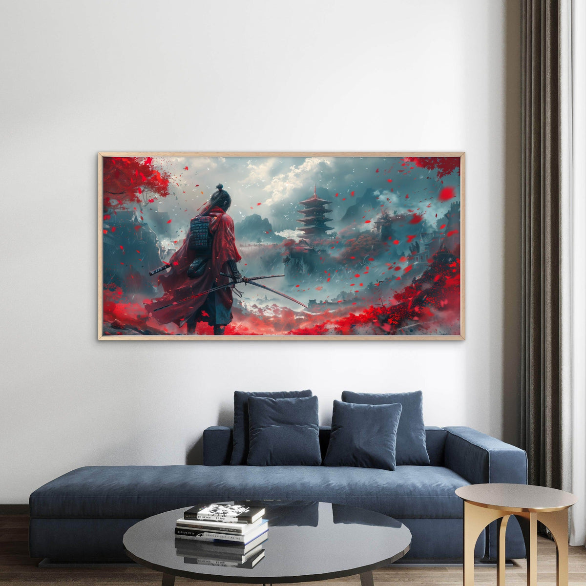 Red samurai Landscape Wall Art Canvas Office Home Room Framed 80x45cm
