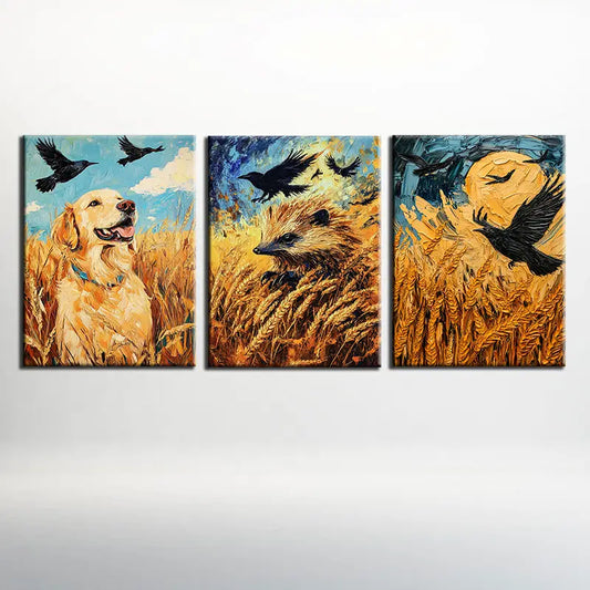3pcs Watercolor Beautiful Wheat Animals Crow Metal Print Ready to Hang Art