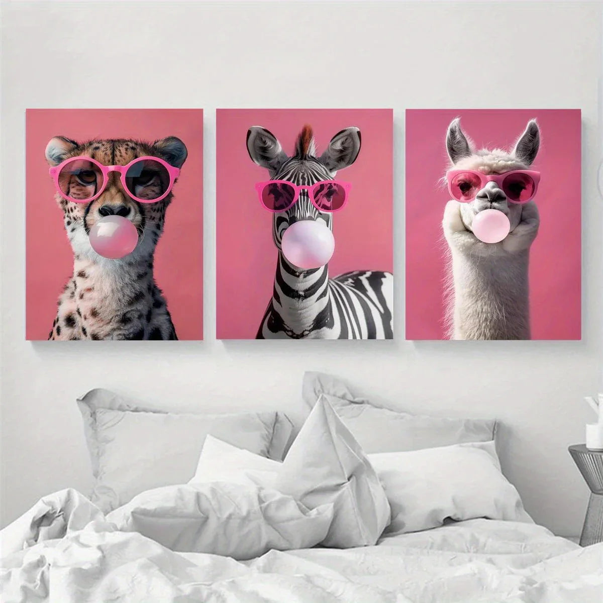 3pcs Cool Llama, Pink Cheetah and Zebra with Glasses Metal Print Ready to Hang Art