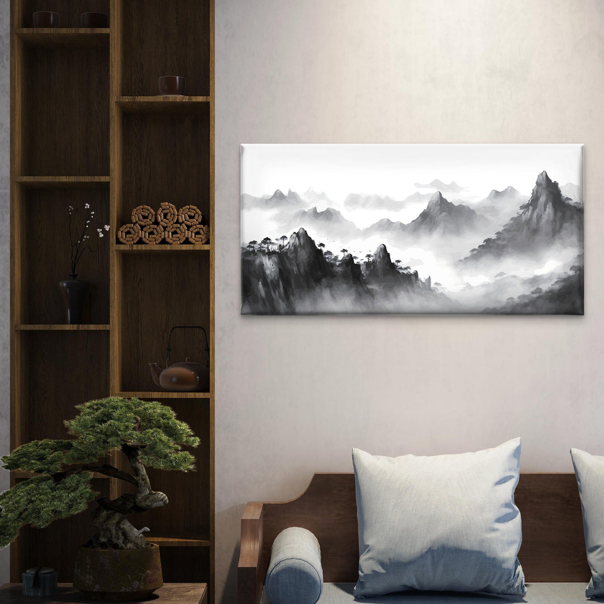 Chinese Mountain Mist Shan Shui Wall Art Canvas Office Home Room Framed 80x45cm