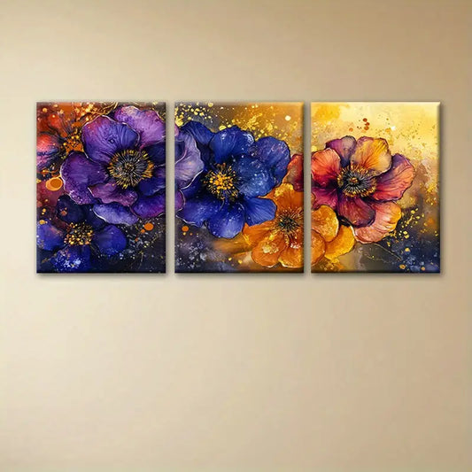 3pcs Vibrant Floral Prints with Golden Accents Metal Print Ready to Hang Art