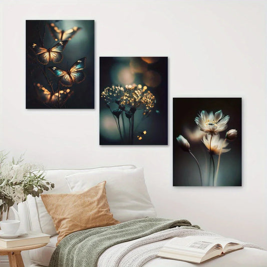 3pcs Abstract Flowers & Glowing Butterflies Metal Print Ready to Hang Art