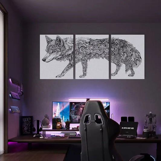 3pcs Elegant Wolf Design Unique Monochromatic Metal Print Ready to Hang Art