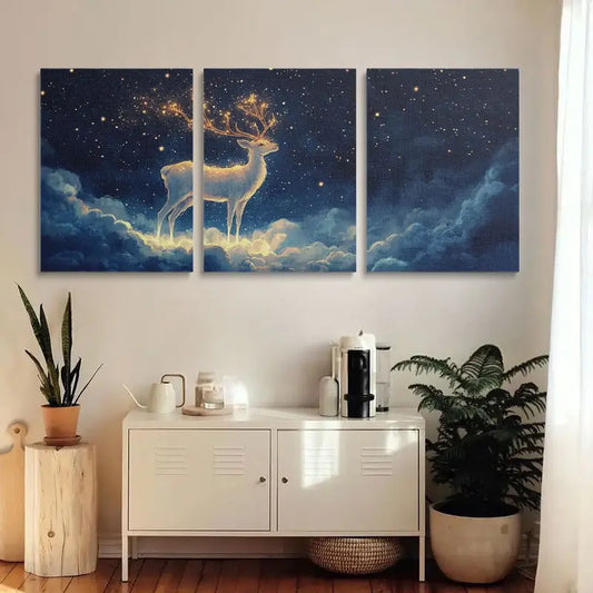 3pcs Deer & Starry Night Sky with Golden Antlers Metal Print Ready to Hang Art