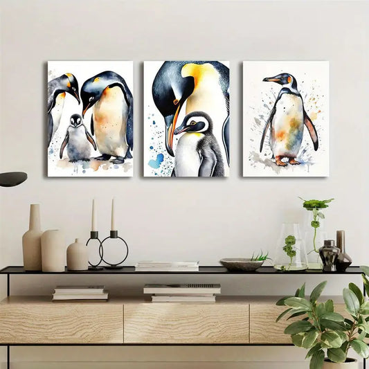 3pcs Watercolor Penguin Family Classic Design Metal Print Ready to Hang Art