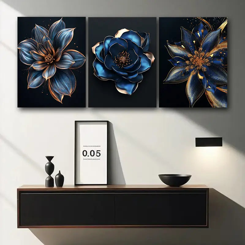 3pcs Blue And Golden Flower Metal Print Ready to Hang Art