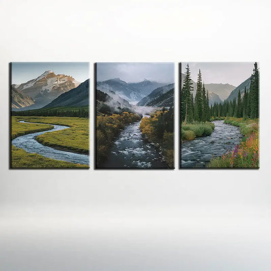 3pcs Tranquil Rivers And Majestic Mountains Oil Painting Metal Print Ready to Hang Art
