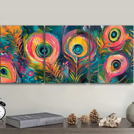 3pcs Peacock Feather Design Metal Print Ready to Hang Art