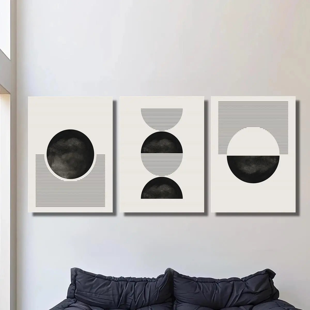 3pcs Black and White Geometric Circle & Line Metal Print Ready to Hang Art