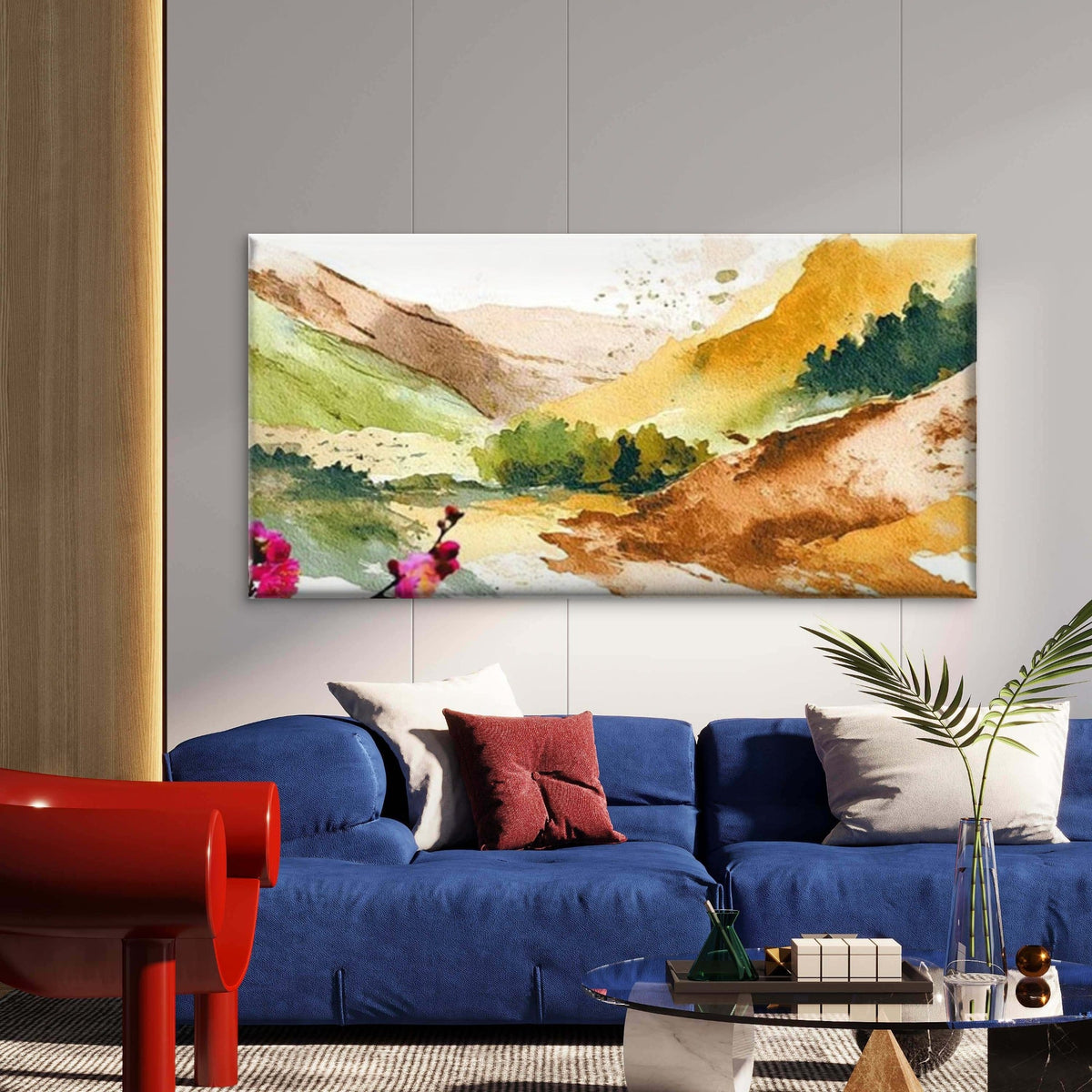 Watercolor Mountain Landscape Wall Art Canvas Office Home Room Framed 80x45cm