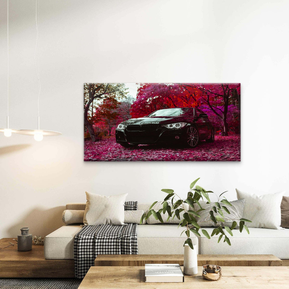Black BMW Sedan Car Red Forest Wall Art Canvas Office Home Room Framed 120x60cm