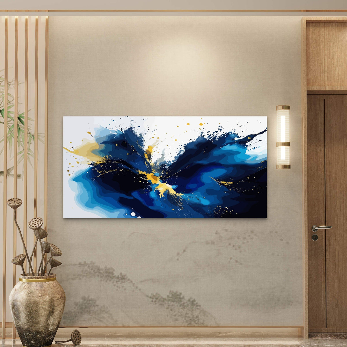 Blue Gold Abstract Explosion Wall Art Canvas Office Home Room Framed 80x45cm