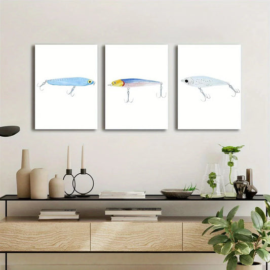 3pcs Watercolor Fishing Lure Vibrant Classic Design Metal Print Ready to Hang Art