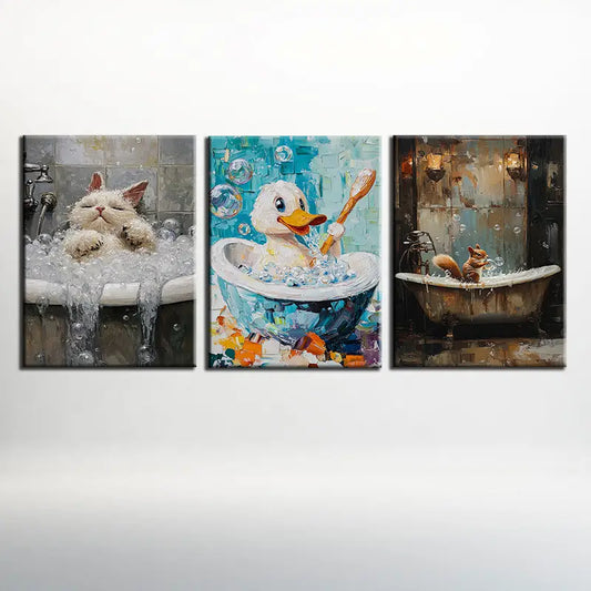 3pcs Naughty Cat, Duck & Squirrel Abstract Design Metal Print Ready to Hang Art