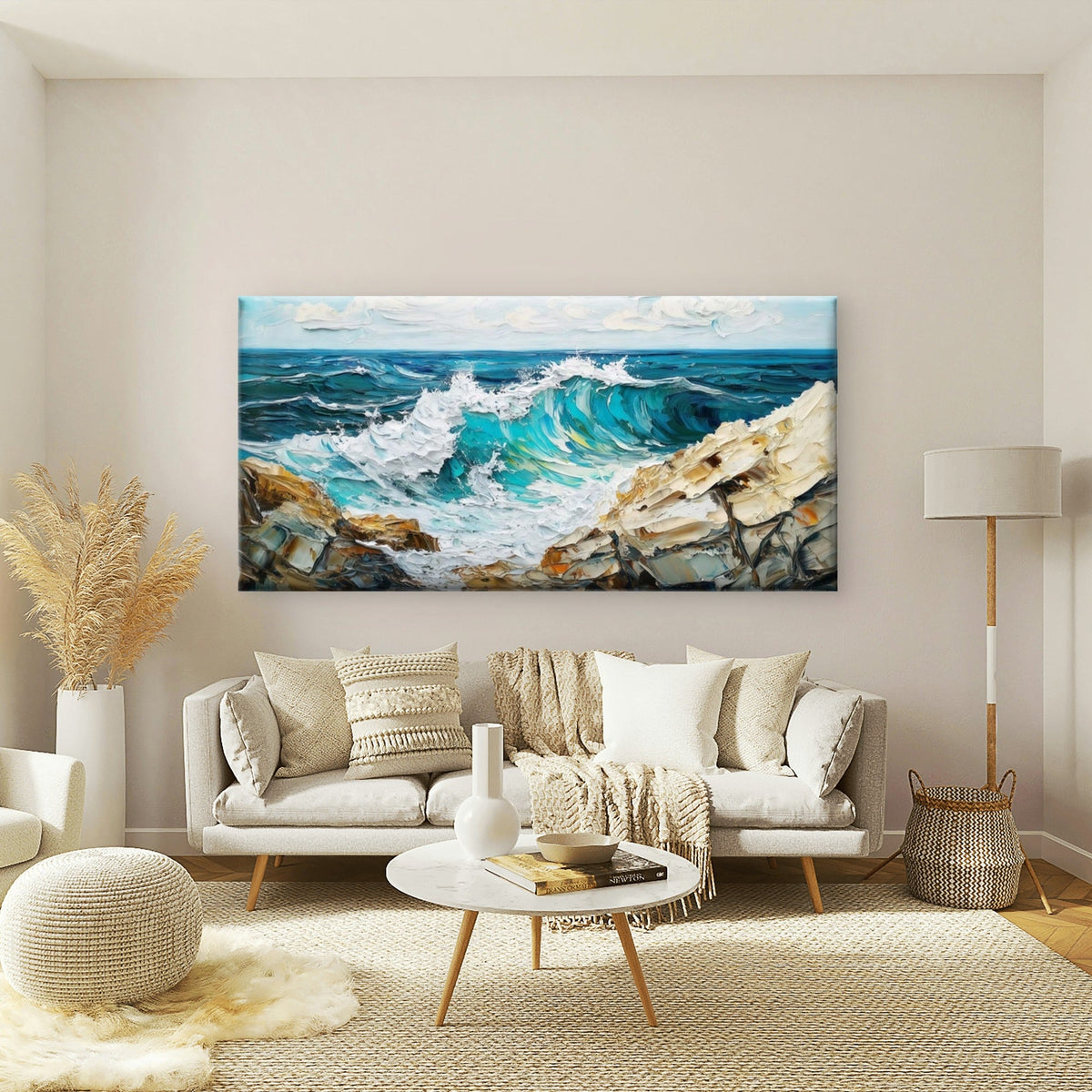 Ocean Waves & Rocky Coast Wall Art Canvas Office Home Room Framed 80x45cm