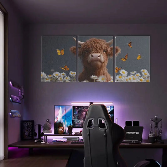 3pcs Highland Cow with Daisies & Butterflies, Whimsical Metal Print Ready to Hang Art