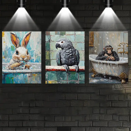 3pcs Rabbit, African Grey Parrot, Gorilla Whimsical Animal Metal Print Ready to Hang Art