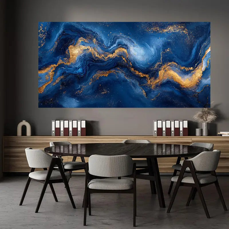 Abstract Golden Blue Fluid Design Wall Art wall canvas office home room framed 120x60cm