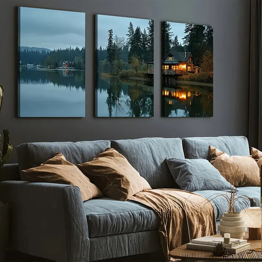 3pcs Modern Wind Natural Forest Wooden House Landscape Art Wall Art Set Canvas Framed 40x60cm - High Quality Print 100% Australian Made Wall Canvas Ready to Hang