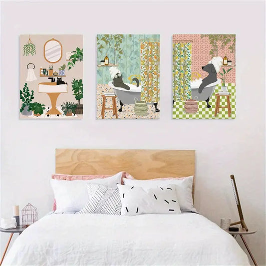 3pcs Ink Animal Print Cat, Dog Classic Bathroom Design Metal Print Ready to Hang Art