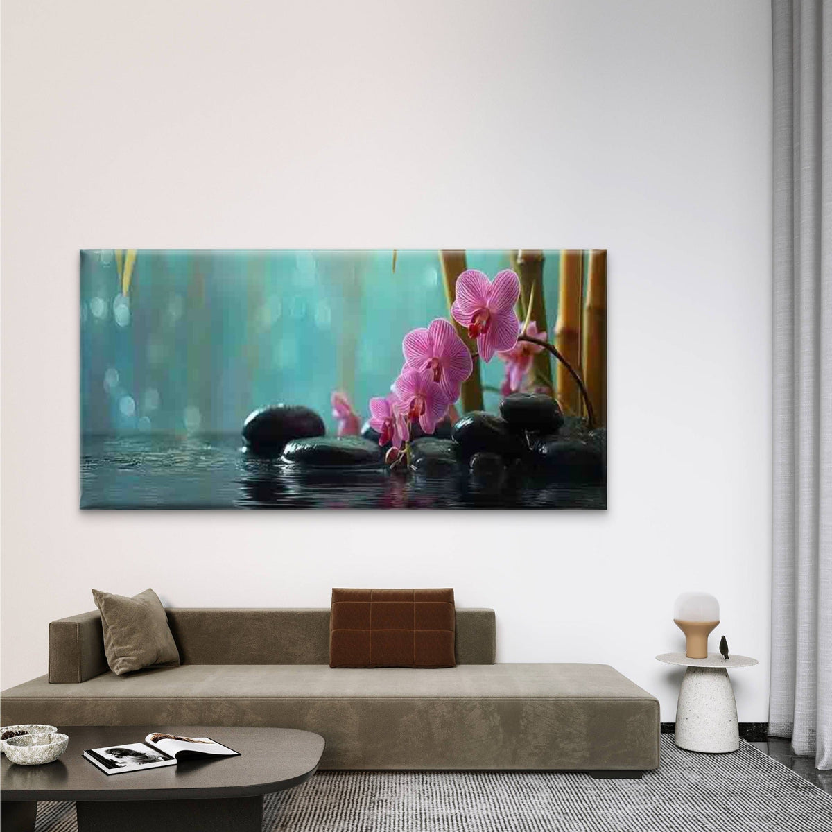 Pink Orchid & Black Stones Wall Art Canvas Office Home Room Framed 120x60cm
