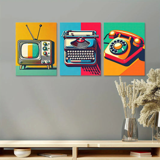3pcs Telephone, TV Painting Vintage Style Metal Print Ready to Hang Art