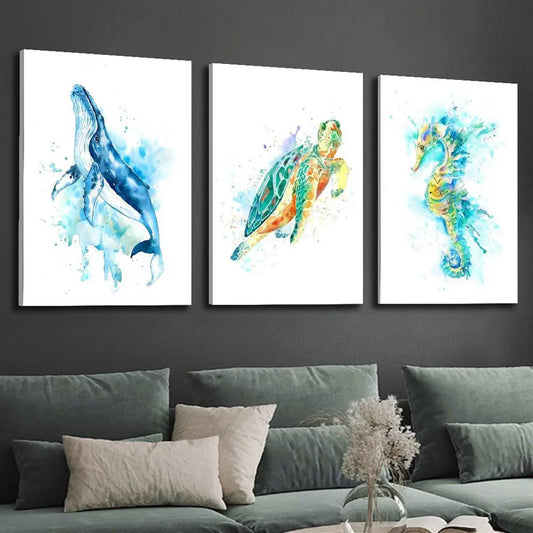 3pcs Sea animals turtle, seahorse, humpback whale Metal Print Ready to Hang Art